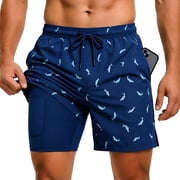 Men's Swim Trunks with Compression Liner, Summer Quick Dry Beach Drawstring Board Shorts 5" Inseam Swimwear Swimsuit Swimming Shorts for MenL, Blue Shark