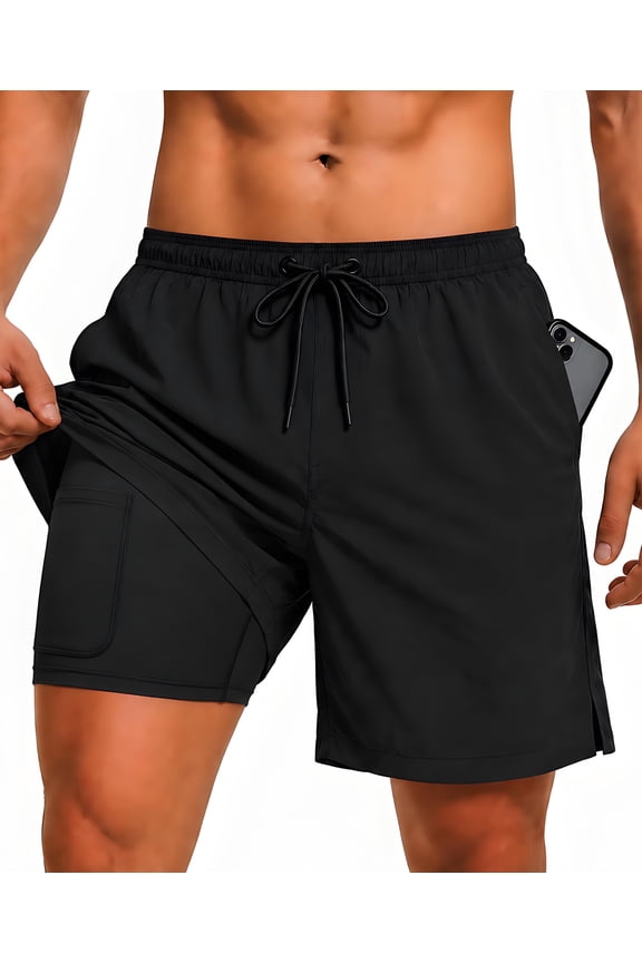 Men's Swim Trunks with Compression Liner, Summer Quick Dry Beach Drawstring Board Shorts,5" Inseam Swimwear Swimsuit Swimming Shorts for Men(L, Black)