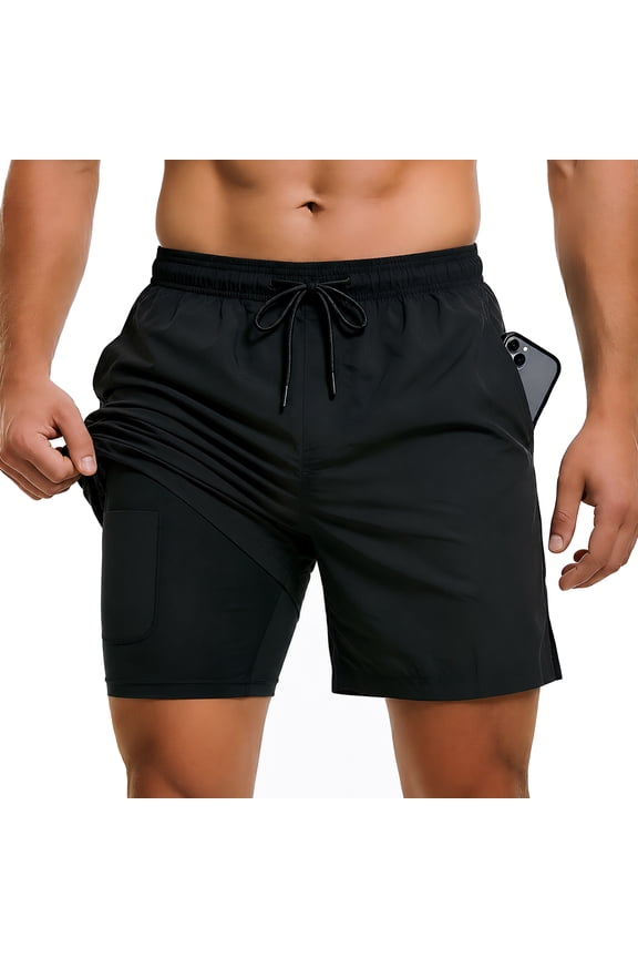 Men's Swim Trunks with Compression Liner, Summer Quick Dry Beach Drawstring Board Shorts，5" Inseam Swimwear Swimsuit Swimming Shorts for Men(L, Black)