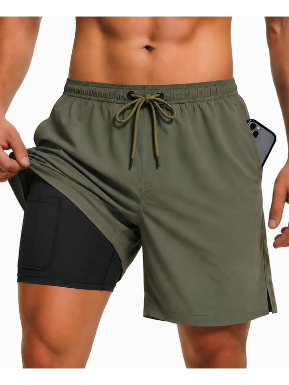 Men's Swim Trunks with Compression Liner, Quick Dry Beach Drawstring Board Shorts, 5" Inseam Swimwear(L, Army Green)