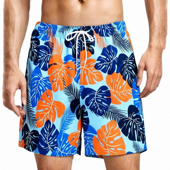 MADHERO Men's Swim Trunks with Lining Quick Dry Summer Funny Print Swimswear Beach Shorts for Men Blue Orange Leaves Size xl