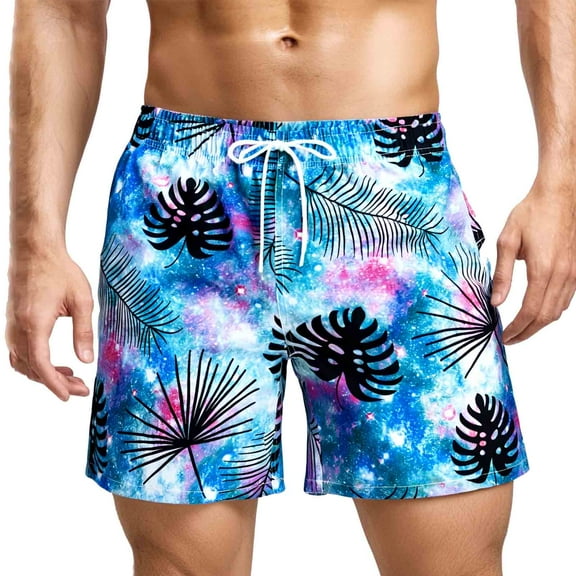 MADHERO Men's Swim Trunks with Lining Quick Dry Summer Funny Print Swimswear Beach Shorts for Men Green Black Leaves Size s