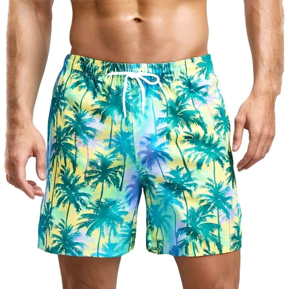 MADHERO Men's Swim Trunks with Lining Quick Dry Summer Funny Print Swimswear Beach Shorts for Men Green Coconut Tree Size m