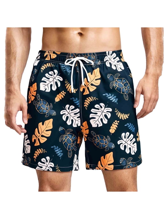 Men's Swim Trunks with Lining Quick Dry Summer Funny Print Swimswear Beach Shorts for Men Grey Orange Leaves Size m