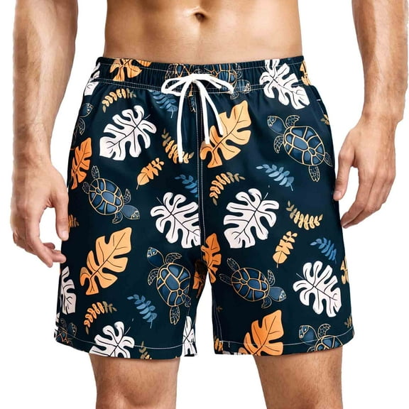 MADHERO Men's Swim Trunks with Lining Quick Dry Summer Funny Print Swimswear Beach Shorts for Men Grey Orange Leaves Size xl