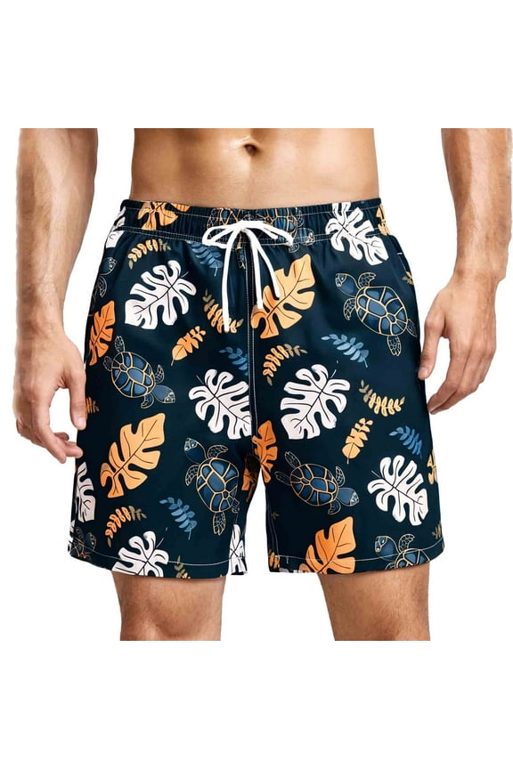 Men's Swim Trunks with Lining Quick Dry Summer Funny Print Swimswear Beach Shorts for Men Grey Orange Leaves Size xl