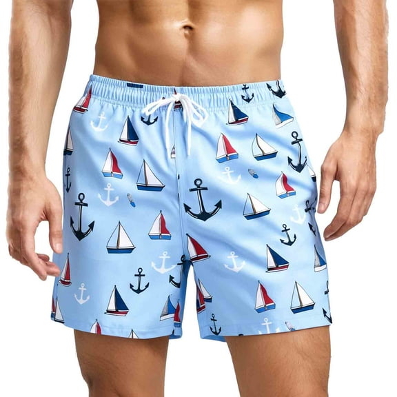 MADHERO Men's Swim Trunks with Lining Quick Dry Summer Funny Print Swimswear Beach Shorts for Men Light Blue Sailboat Size xl