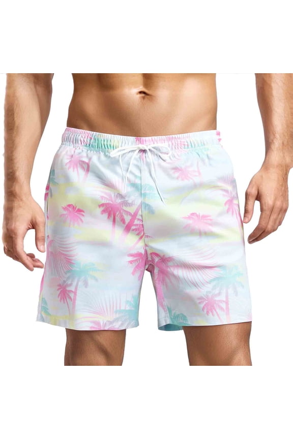 Men's Swim Trunks with Lining Quick Dry Summer Funny Print Swimswear Beach Shorts for Men Pink Green Coconut Tree Size 2xl