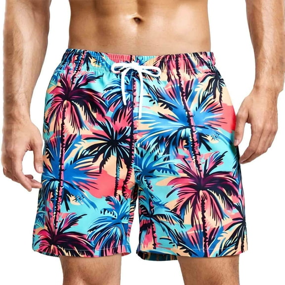 MADHERO Men's Swim Trunks with Lining Quick Dry Summer Funny Print Swimswear Beach Shorts for Men Realistic Coconut Trees Size l