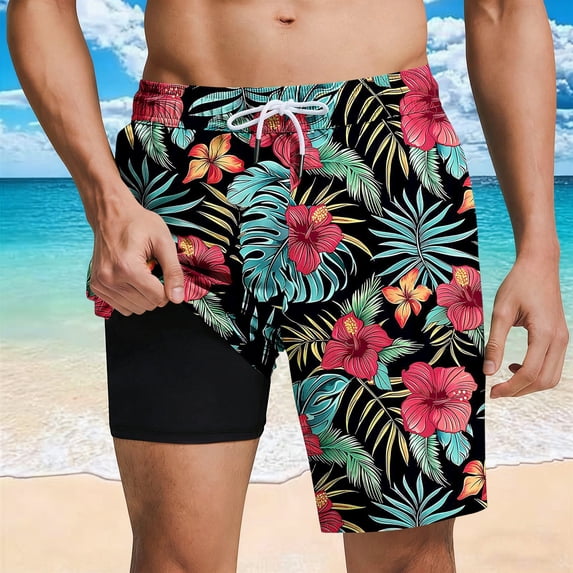 Men's Swim Trunks with Mesh Lining Summer Hawaiian Beach Shorts Pockets Quickly Dry Elastic Waist Board Shorts Bathing Suits