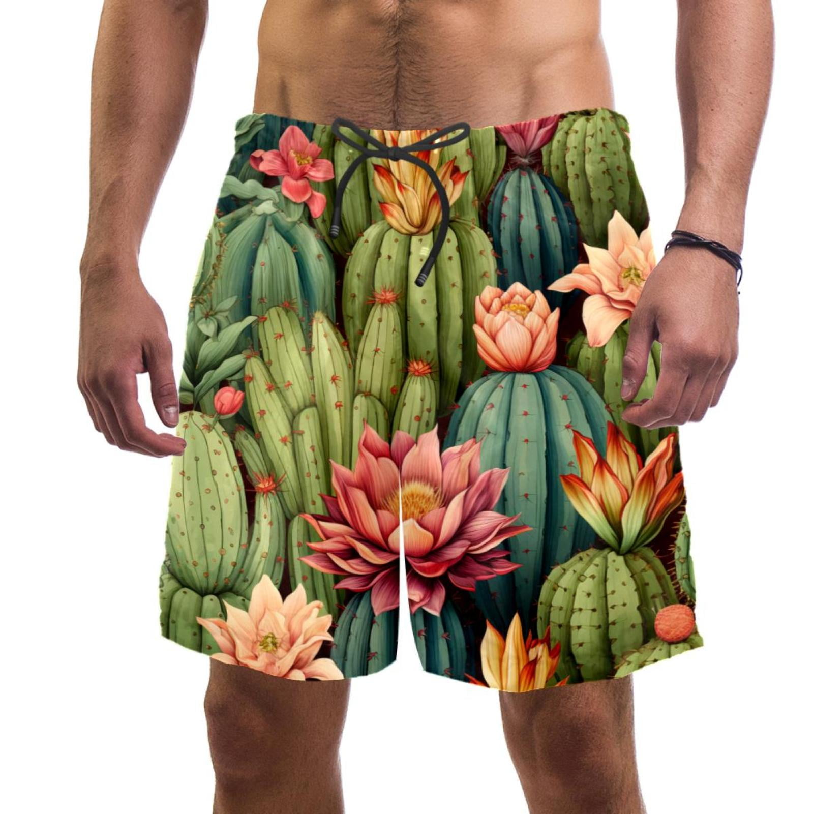 Men's Swimsuit with Pocket Quick Dry, Aesthetic Cactus Flowers Seamless Beach Volleyball Shorts