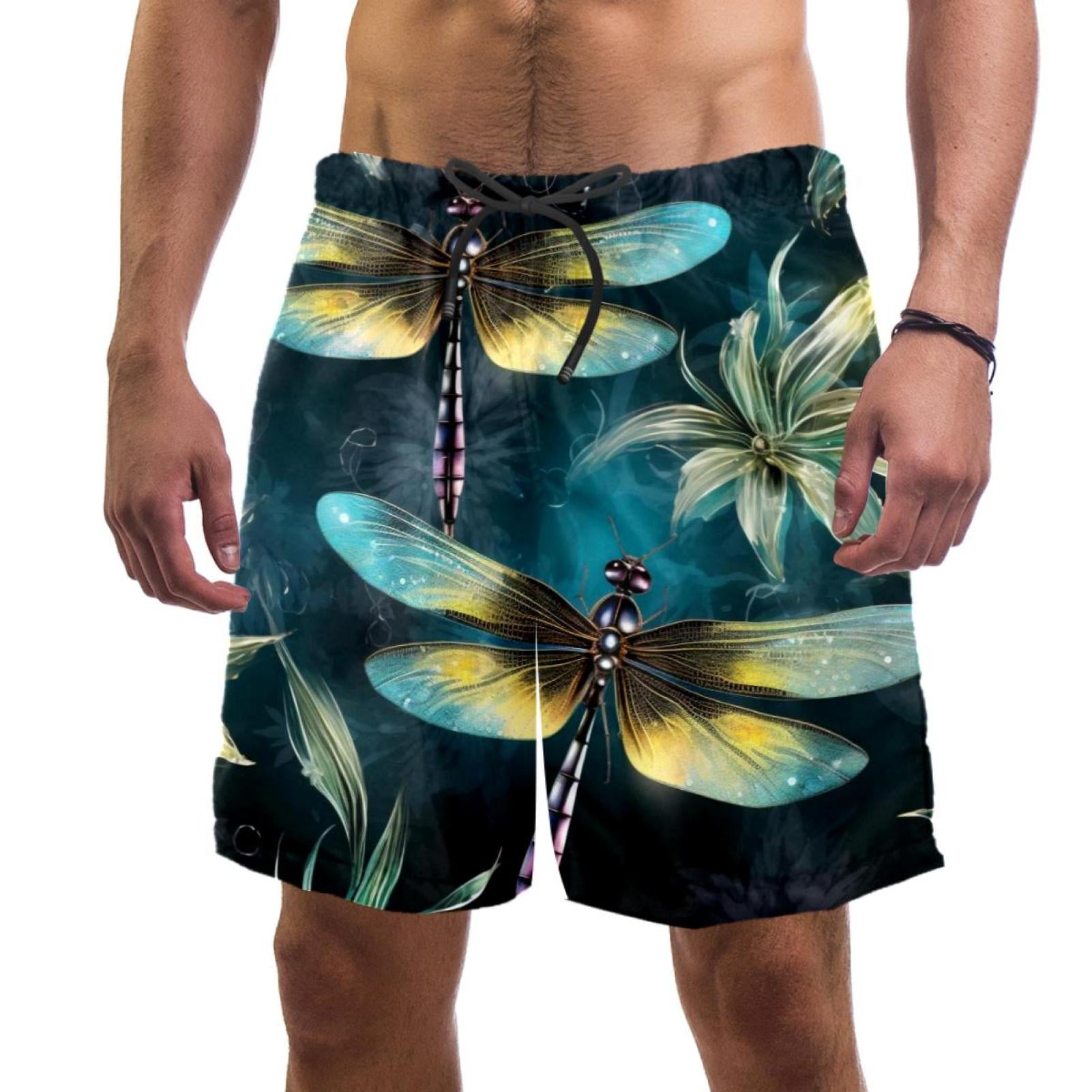 Men's Swimsuit with Pocket Quick Dry, Aesthetic Dragonfly Beach Volleyball Shorts Above Knee