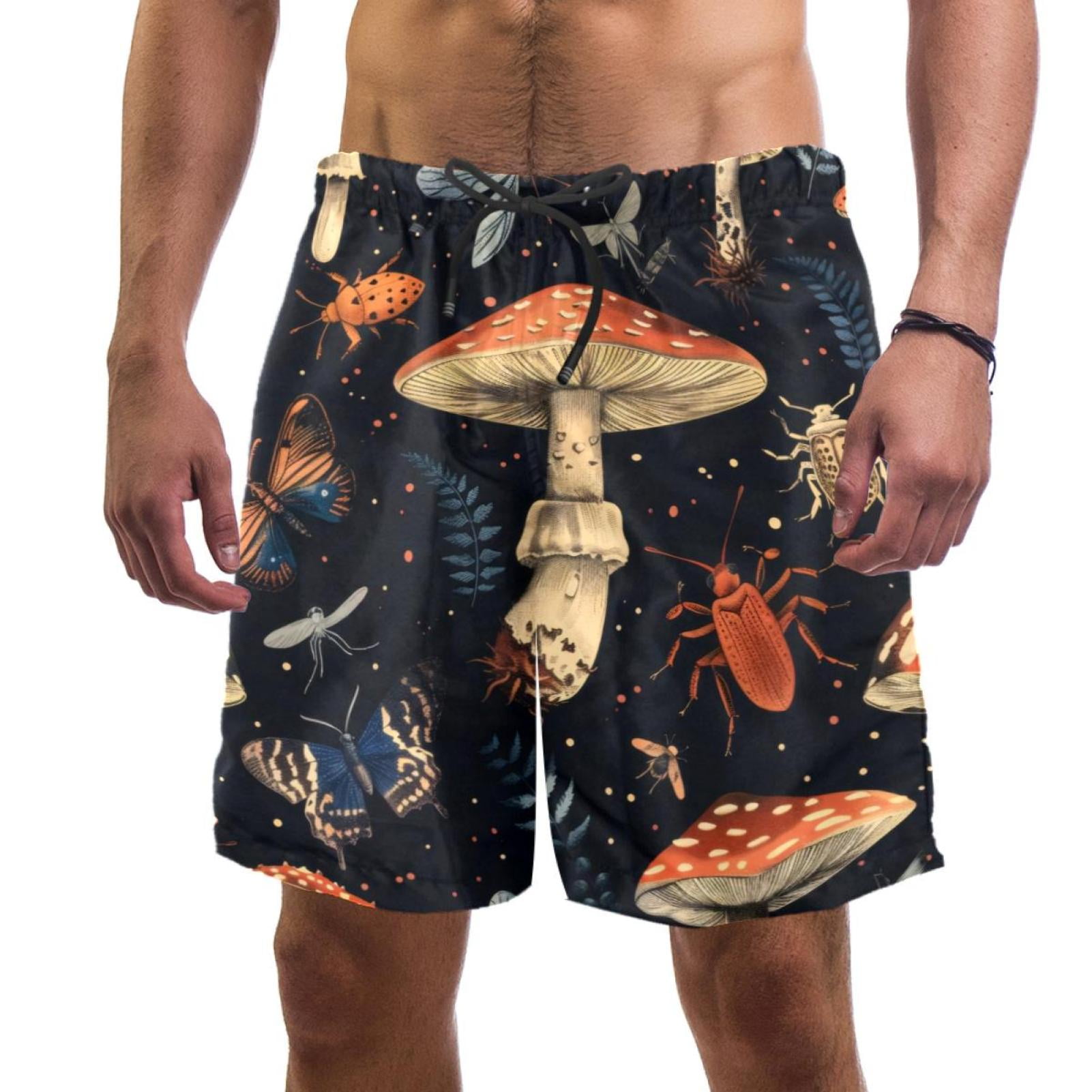 Men's Swimsuit with Pocket Quick Dry, Aesthetic Mushroom Butterflies Beach Volleyball Shorts