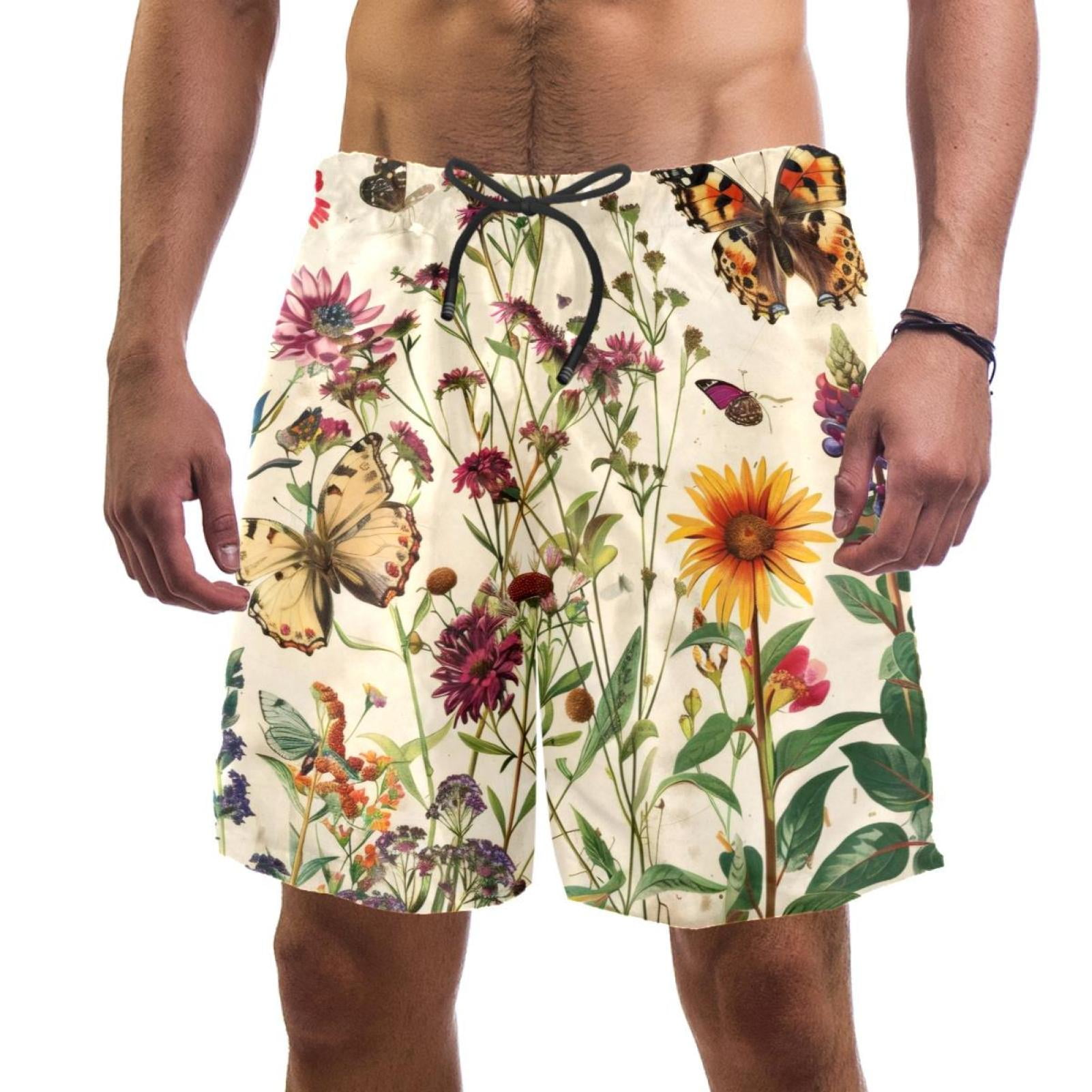 Men's Swimsuit with Pocket Quick Dry, Butterflies Wildflowers Beach Volleyball Shorts Above Knee