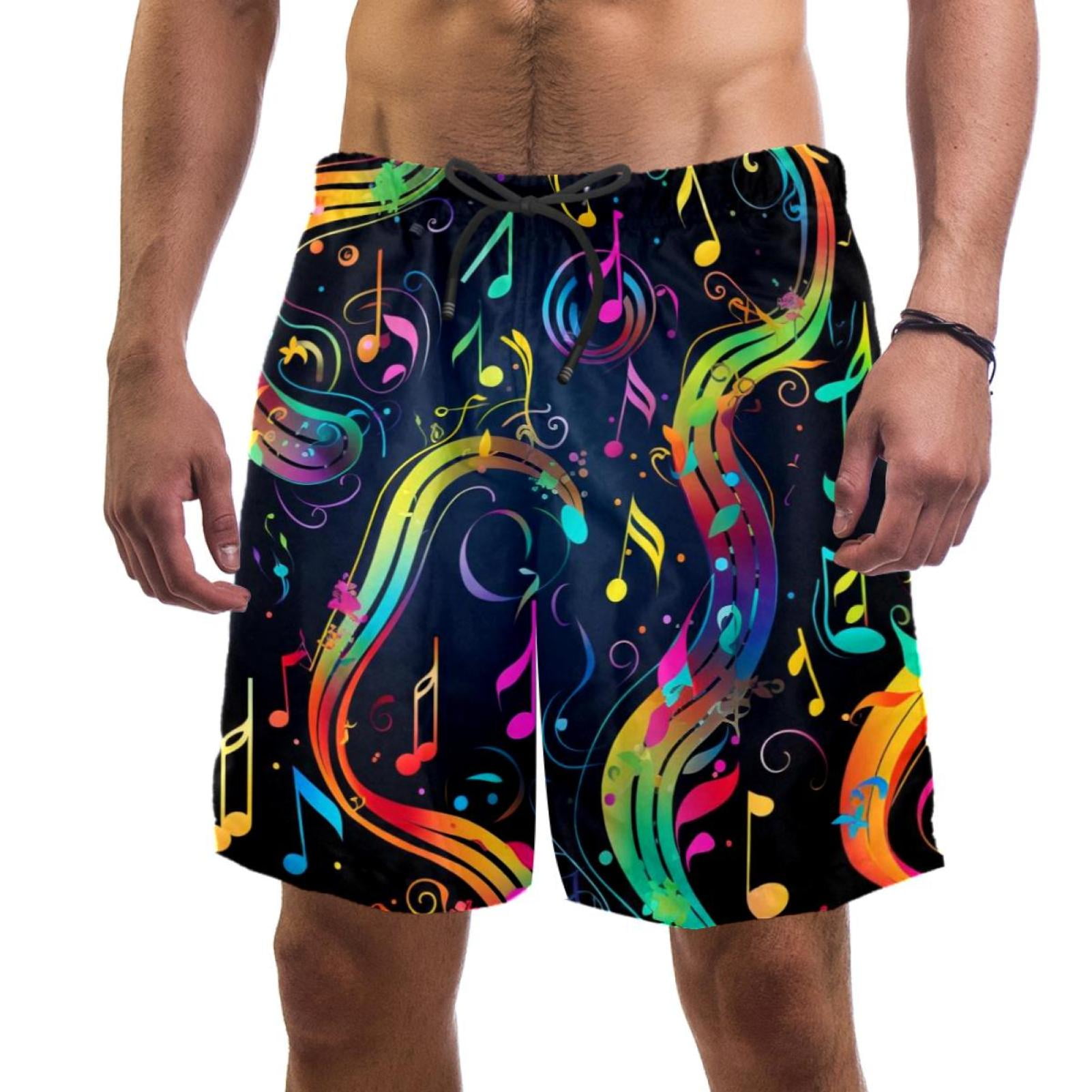 Men's Swimsuit with Pocket Quick Dry, Colorful Musical Notes Beach Volleyball Shorts Above Knee