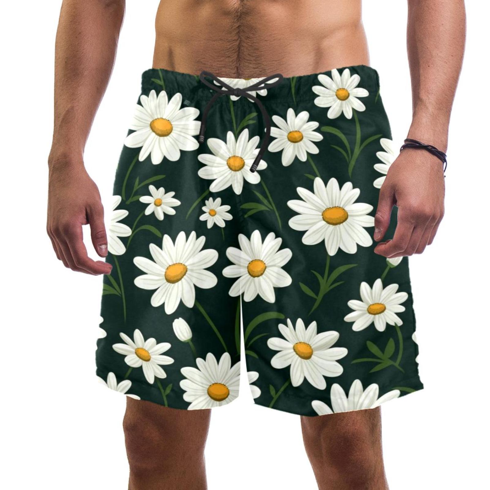 Men's Swimsuit with Pocket Quick Dry, Cute Little Daisy Flowers Beach Volleyball Shorts Above