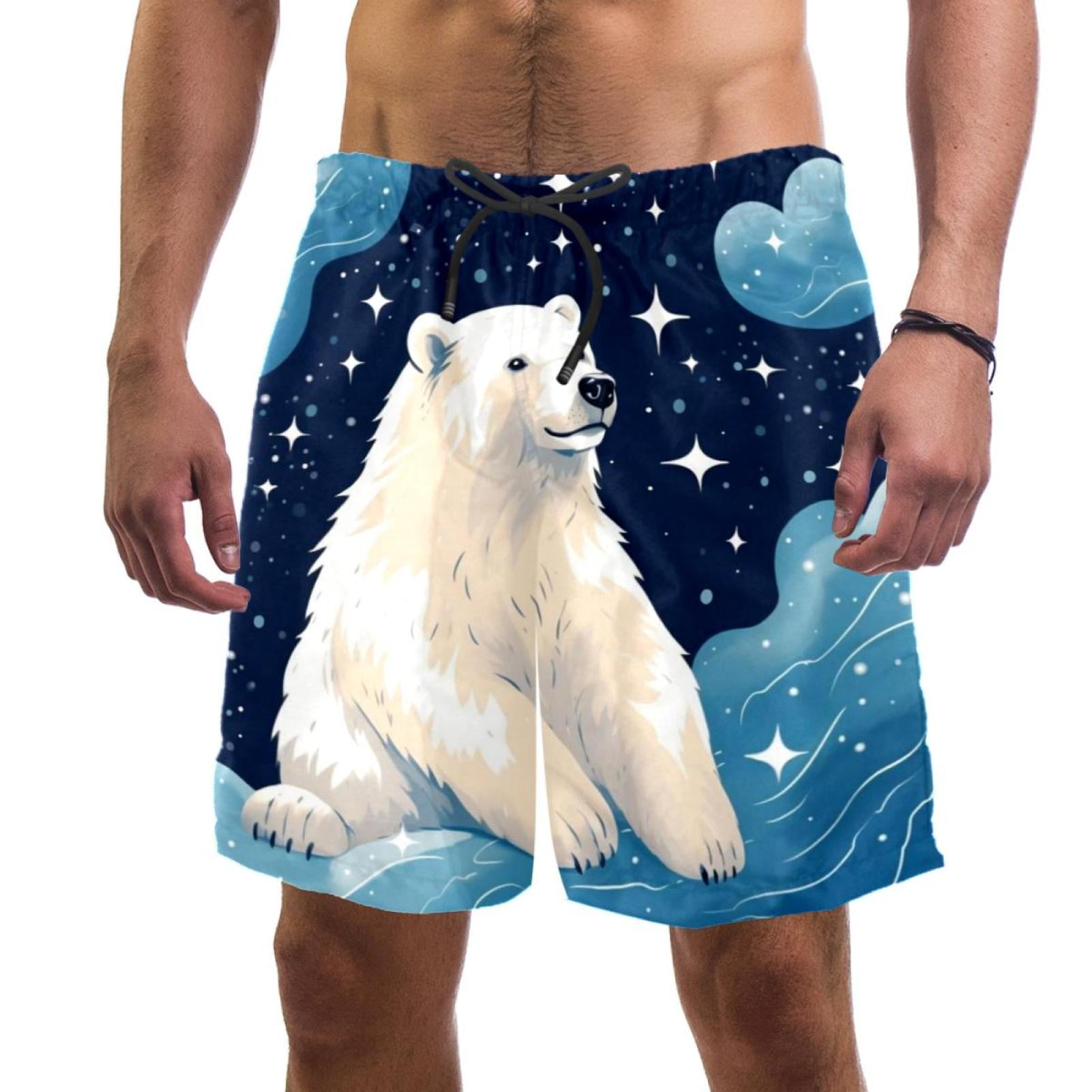 Men's Swimsuit with Pocket Quick Dry, Cute Polar Bear on Starry Sky Background Beach Volleyball