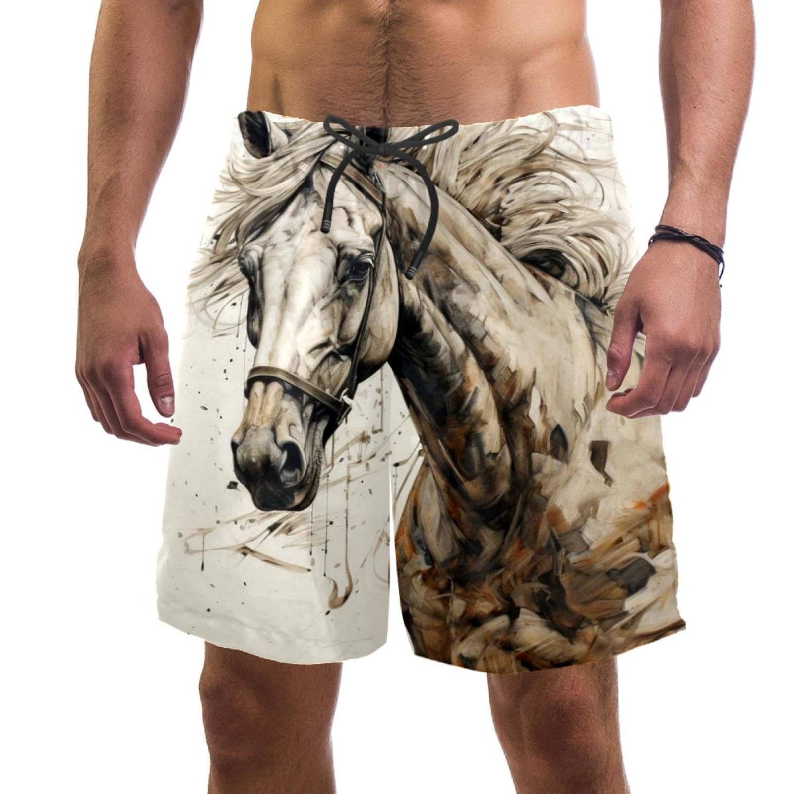 Men's Swimsuit with Pocket Quick Dry, Horse Aesthetic Pattern Beach Volleyball Shorts Above Knee