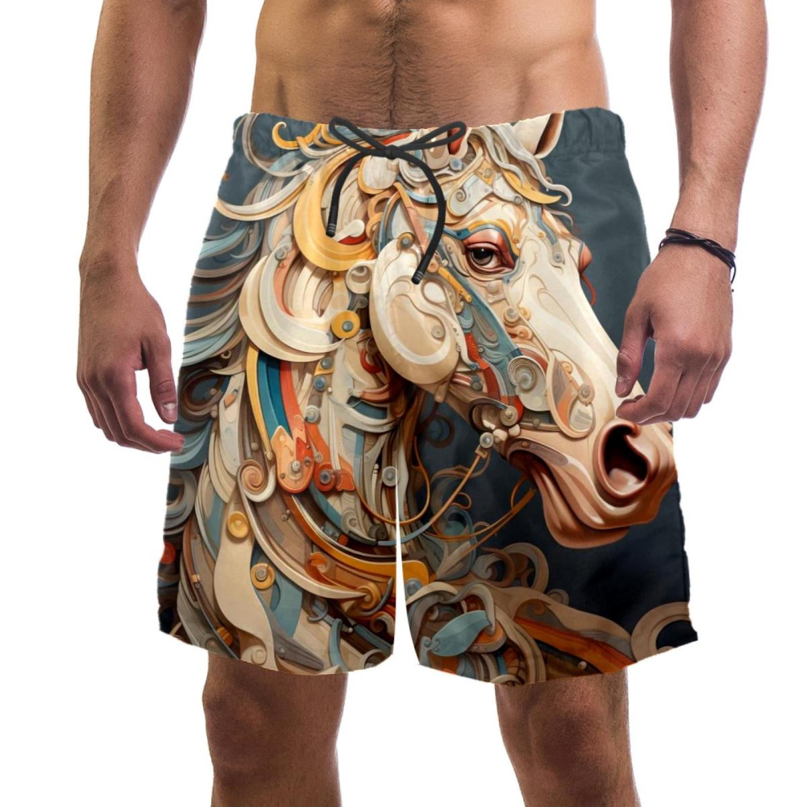 Men's Swimsuit with Pocket Quick Dry, Horse Aesthetic Pattern Beach Volleyball Shorts Above Knee