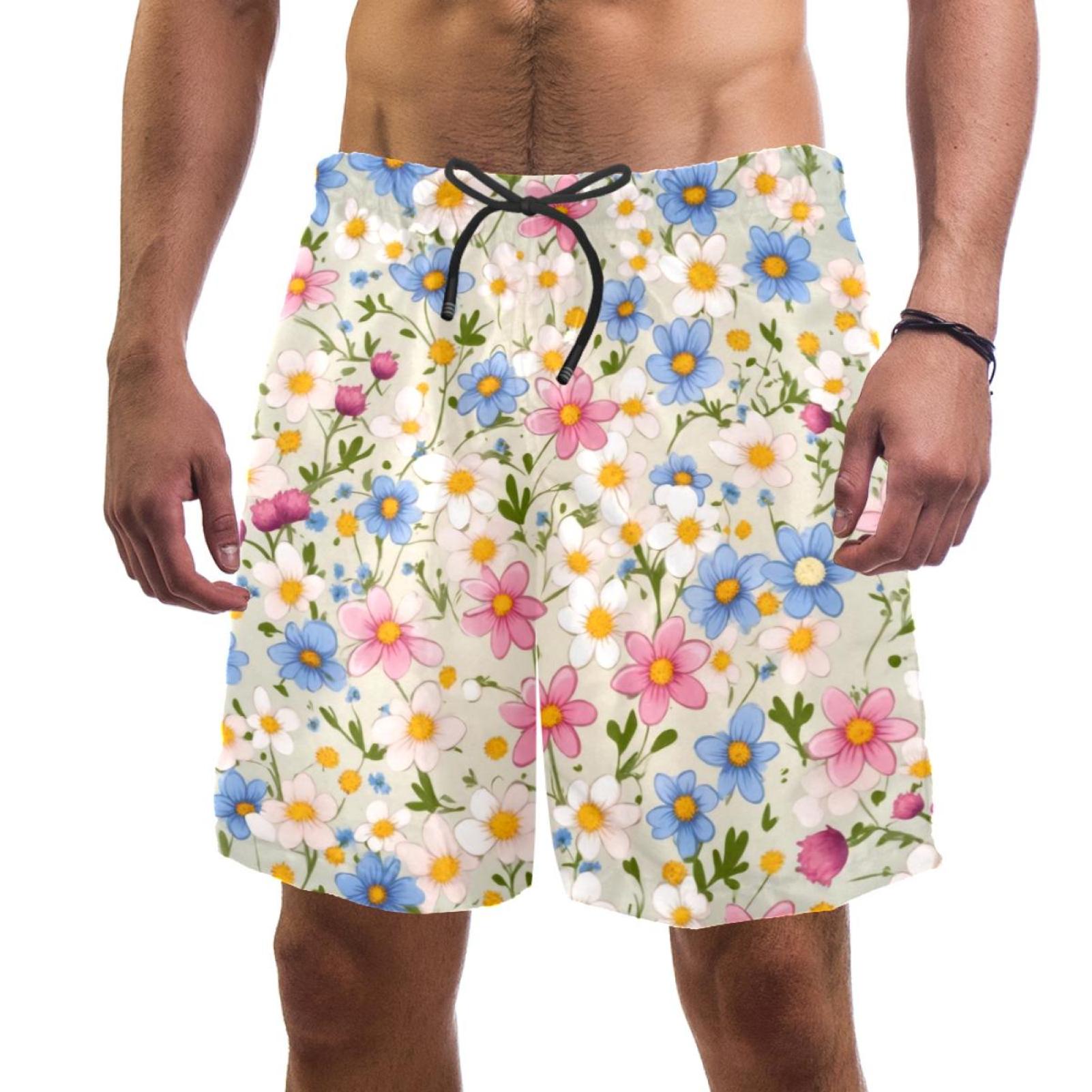 Men's Swimsuit with Pocket Quick Dry, Little Flowers Floral Beach Volleyball Shorts Above Knee