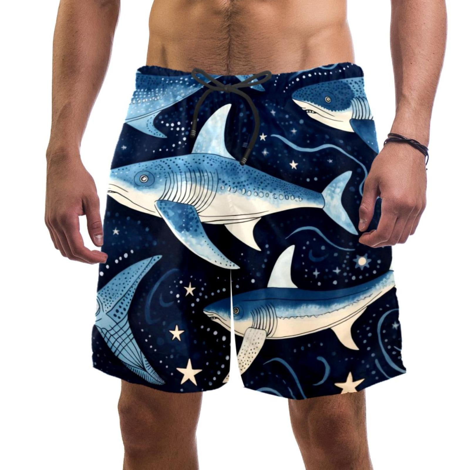Men's Swimsuit with Pocket Quick Dry, Ocean Shark Starry Sky Background Beach Volleyball Shorts