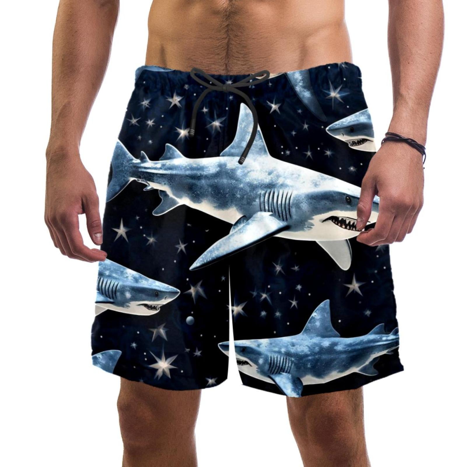 Men's Swimsuit with Pocket Quick Dry, Ocean Shark Starry Sky Background Beach Volleyball Shorts