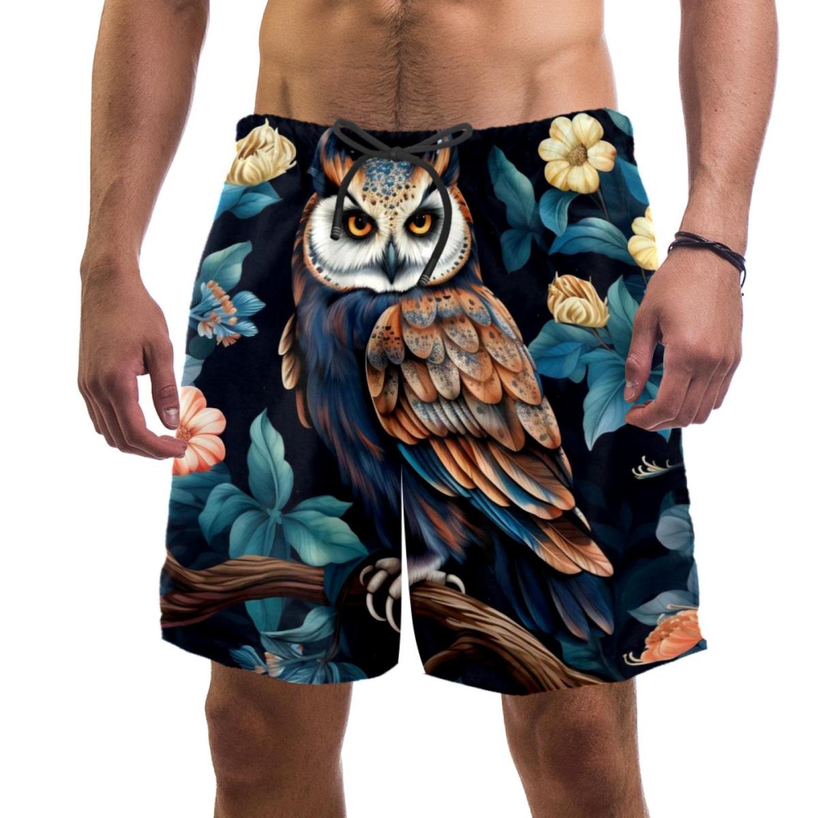 Men's Swimsuit with Pocket Quick Dry, Owl Pattern Beach Volleyball Shorts Above Knee