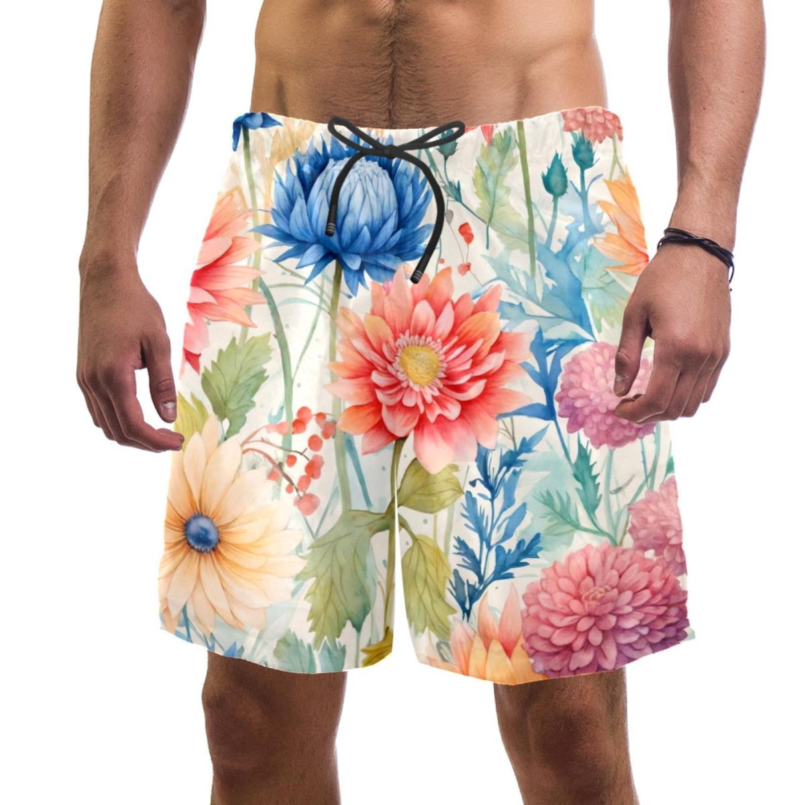 Men's Swimsuit with Pocket Quick Dry, Seamless Colorful Floral Background Beach Volleyball