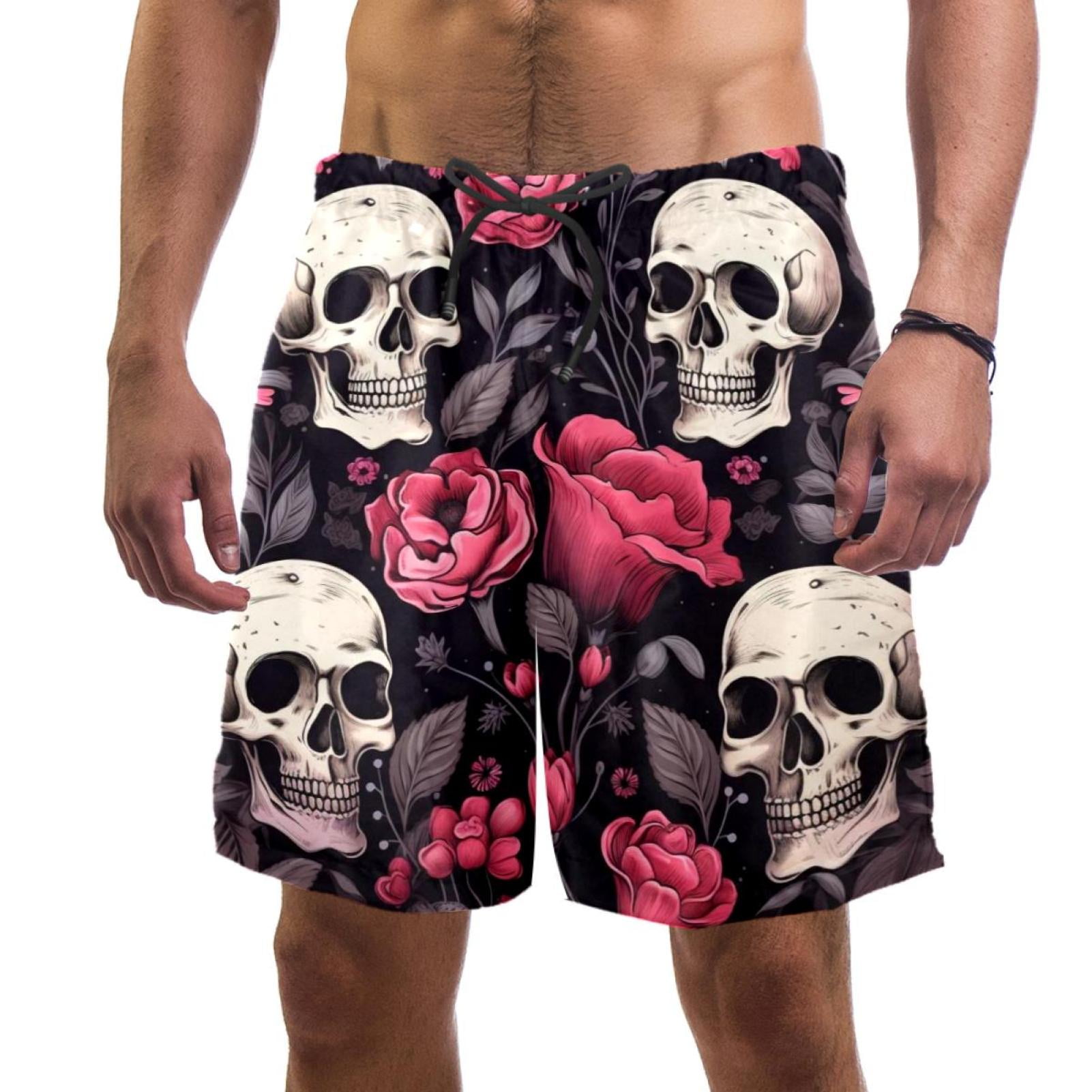 Men's Swimsuit with Pocket Quick Dry, Skull with Roses Art Pattern ...