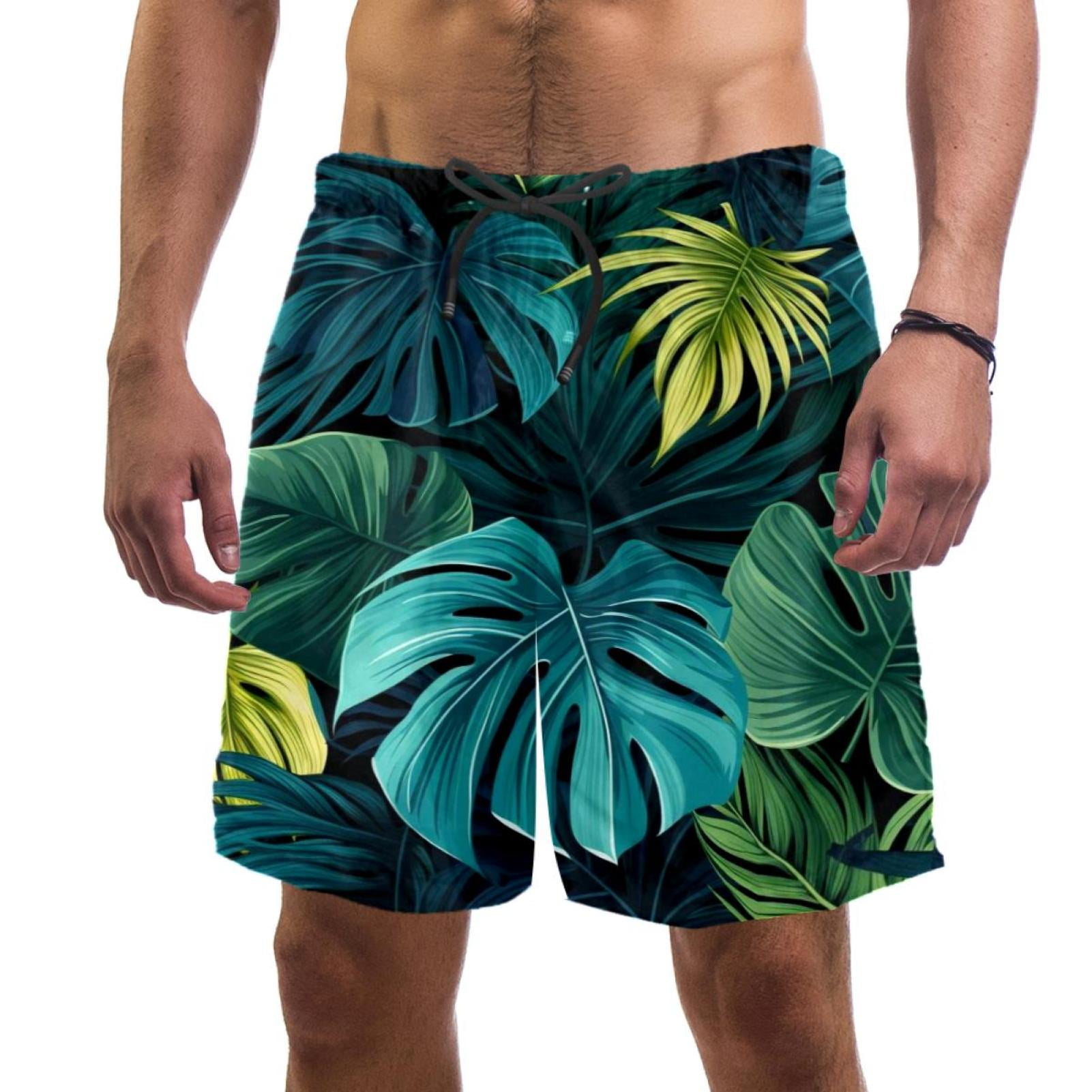 Men's Swimsuit with Pocket Quick Dry, Tropical Jungle Palm Leaves Beach Volleyball Shorts Above