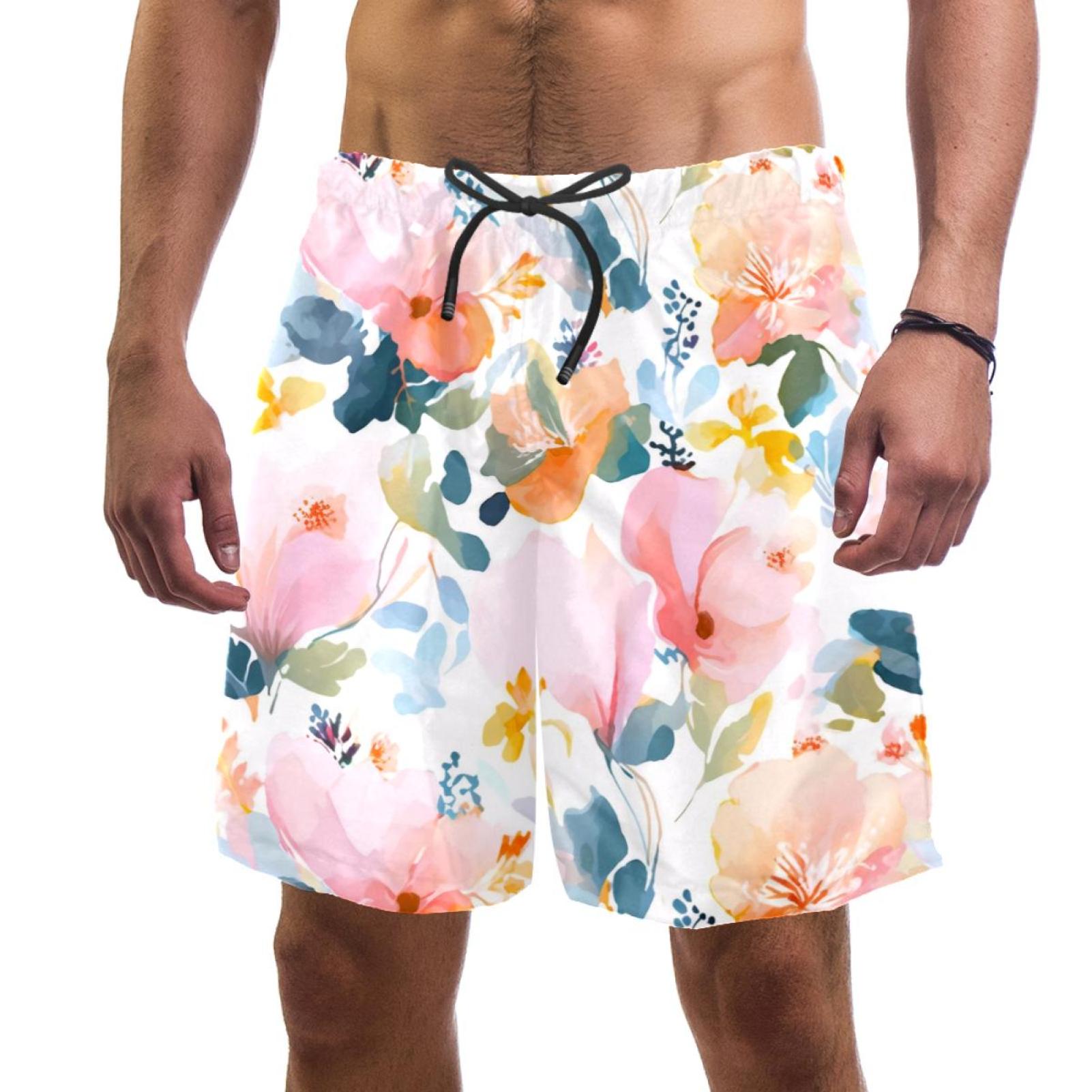 Men's Swimsuit with Pocket Quick Dry, Watercolor Flowers Pink Pattern Beach Volleyball Shorts