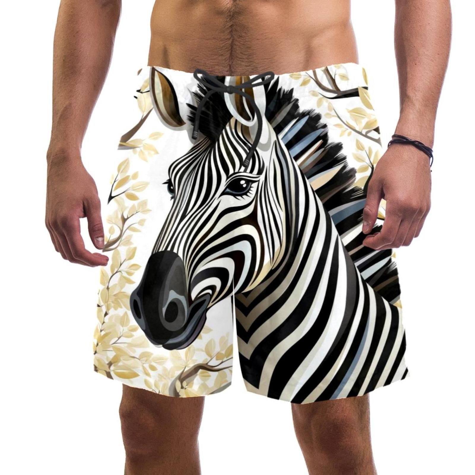 Men's Swimsuit with Pocket Quick Dry, Zebra Pattern Beach Volleyball Shorts Above Knee