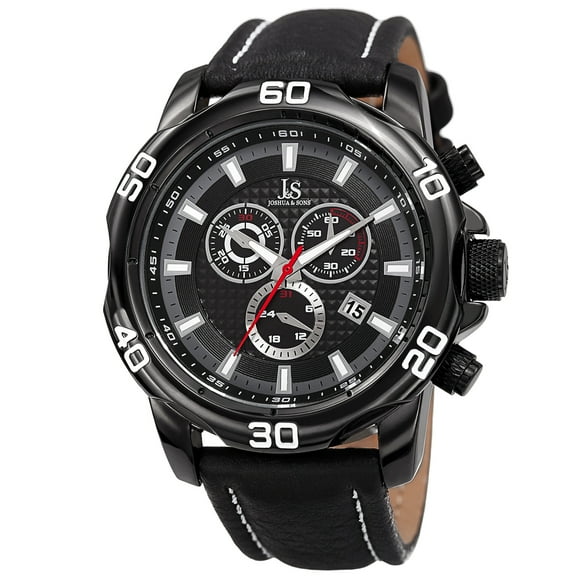 Men's Swiss Quartz Chronograph Multifunction Leather Black Strap Watch