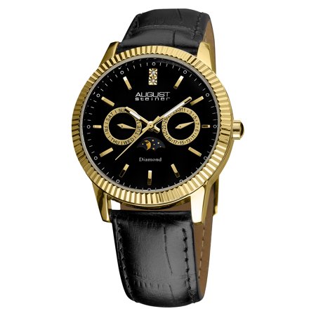 Men's Swiss Quartz Multifunction Diamond Leather Black Strap Watch