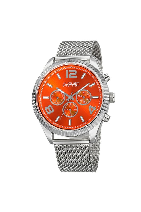 Men's Swiss Quartz Multifunction Dual Time Stainless Steel Orange Bracelet Watch