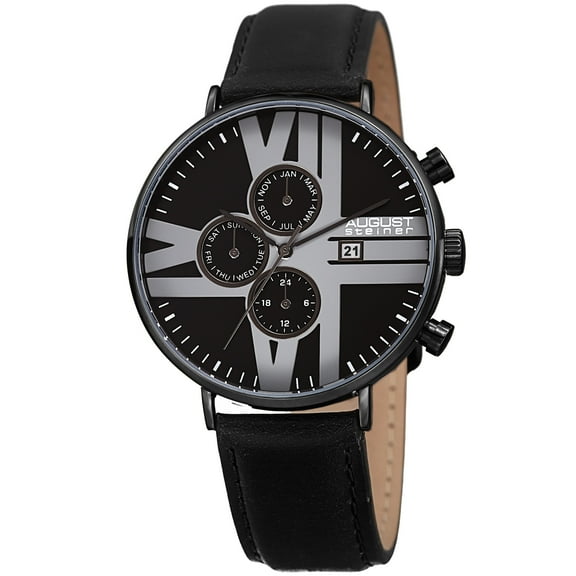 Men's Swiss Quartz Multifunction Leather Black Strap Watch