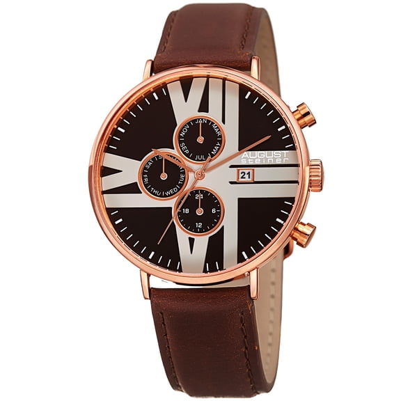 Men's Swiss Quartz Multifunction Leather Rose-Tone Strap Watch