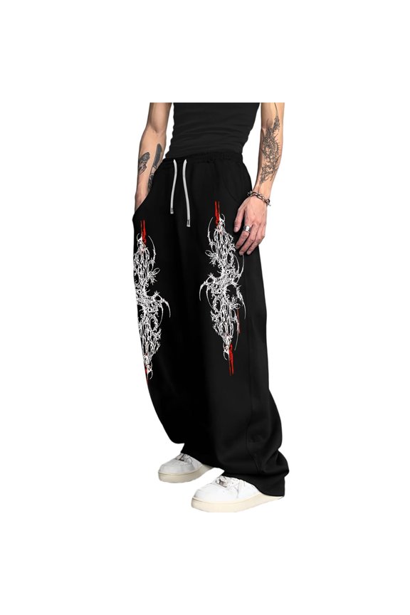 Men's Symmetrical Thorn Print Baggy Gothic Sweatpants Y2k Pants Mens Goth Graphic Pants Streetwear Baggy Wide Leg Athletic Joggers with Pockets for Skate Street Wear