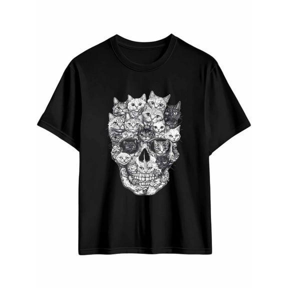Men's T-Shirt Abstract Cat Skull Short Sleeve Casual Tee Classic Crew Neck T-Shirt for Men, Black XL