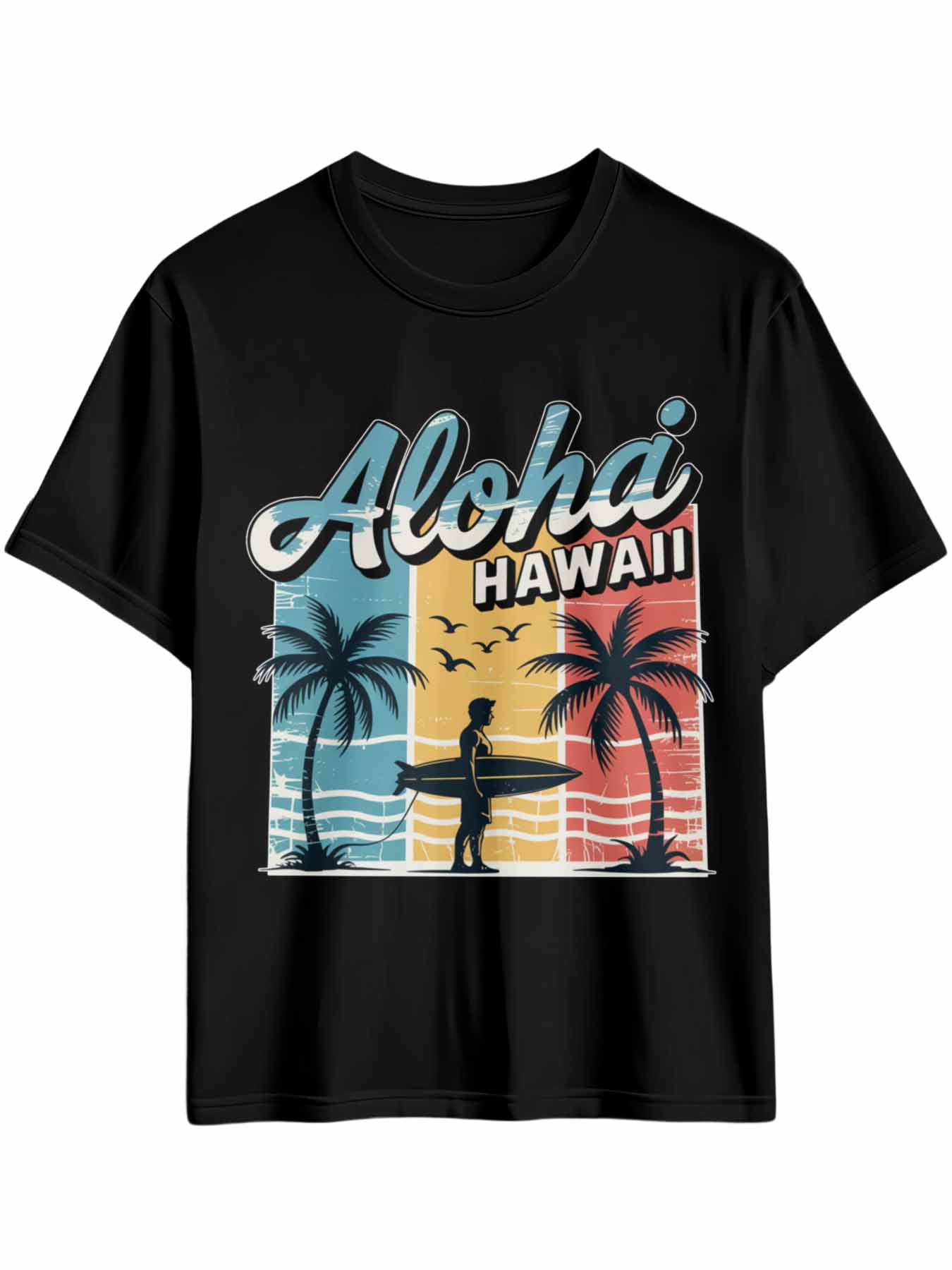 Men's T-Shirt Aloha Hawaii Retro Beach Surfing Vacation Short Sleeve Casual Tee Classic Crew Neck T-Shirt for Men, Black M