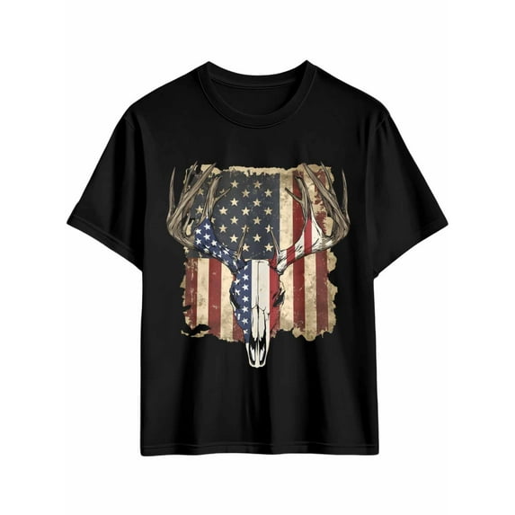 Men's T-Shirt American Flag Deer Skull Retro Short Sleeve Casual Tee Classic Crew Neck T-Shirt for Men, M