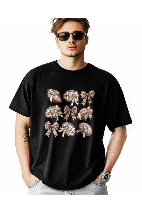 Men's T-Shirt American Football Leopard Print Bow Short Sleeve Casual Tee Classic Crew Neck T-Shirt for Men, XL