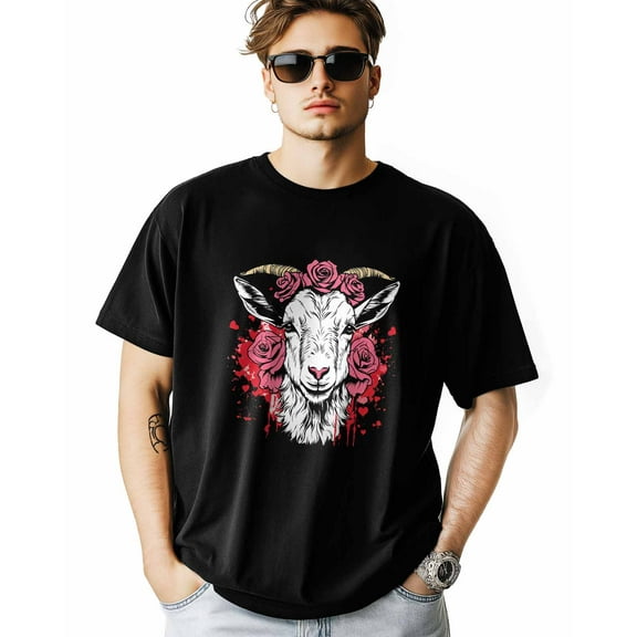 Men's T-Shirt Animal Goat Rose Heart Short Sleeve Casual Tee Classic Crew Neck T-Shirt for Men, M
