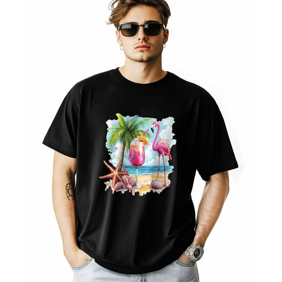 Men's T-Shirt Beach Flamingo Drink Tree Shell Short Sleeve Casual Tee Classic Crew Neck T-Shirt for Men, 2XL