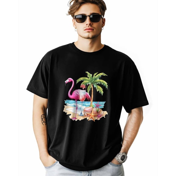 Men's T-Shirt Beach Flamingo Drink Tree Starfish Short Sleeve Casual Tee Classic Crew Neck T-Shirt for Men, XL