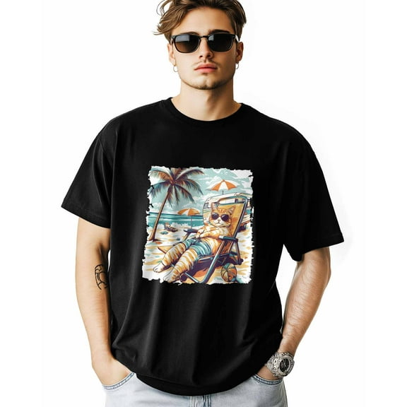 Men's T-Shirt Beach Vacation Palm Tree Camping Car Funny Cat Short Sleeve Casual Tee Classic Crew Neck T-Shirt for Men, L