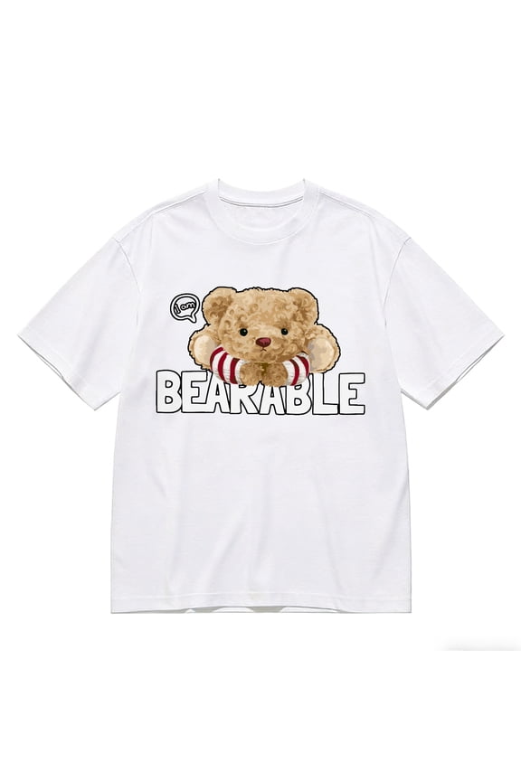 Men's T-Shirt Bear With Striped Arms And Speech Bubble Comfortable And Versatile Outdoor Casual Short Sleeve