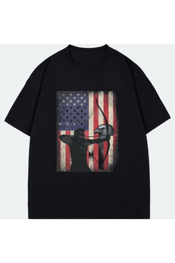 Men's T-Shirt Black American Flag Eagle Archer Design Casual Wear For Outdoor Activities And Everyday Use