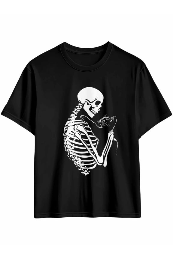 Men's T-Shirt Black Skull Skeleton Cat Minimalist Short Sleeve Casual Tee Classic Crew Neck T-Shirt for Men, Black 2XL