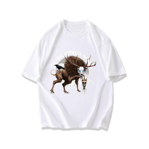 Men's T-Shirt Black The Veil Between Worlds Elk With Skull And Crown Graphic Print Casual Wear For Outdoor Adventures And Everyday Style